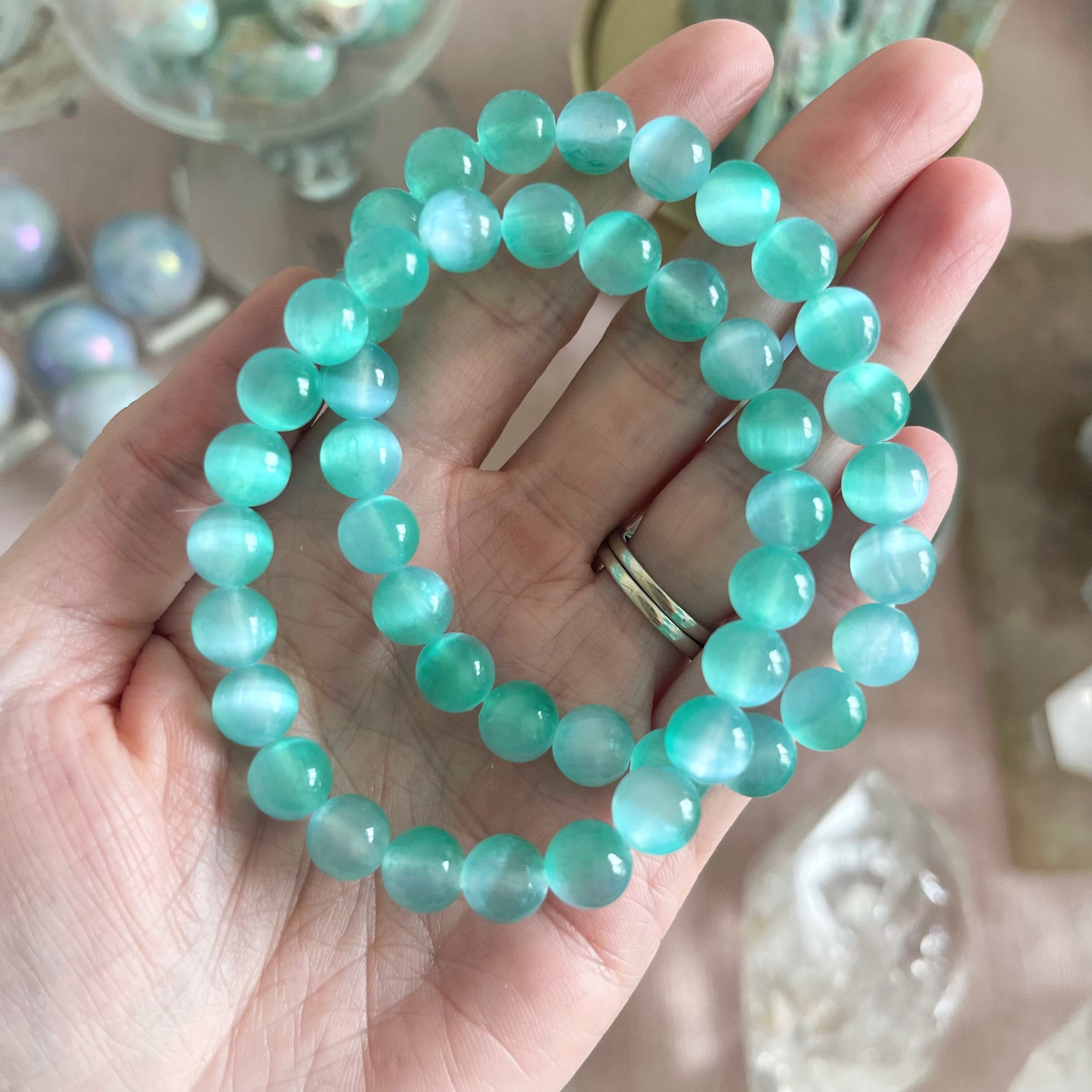 Aura Selenite Bead Bracelet: Aqua