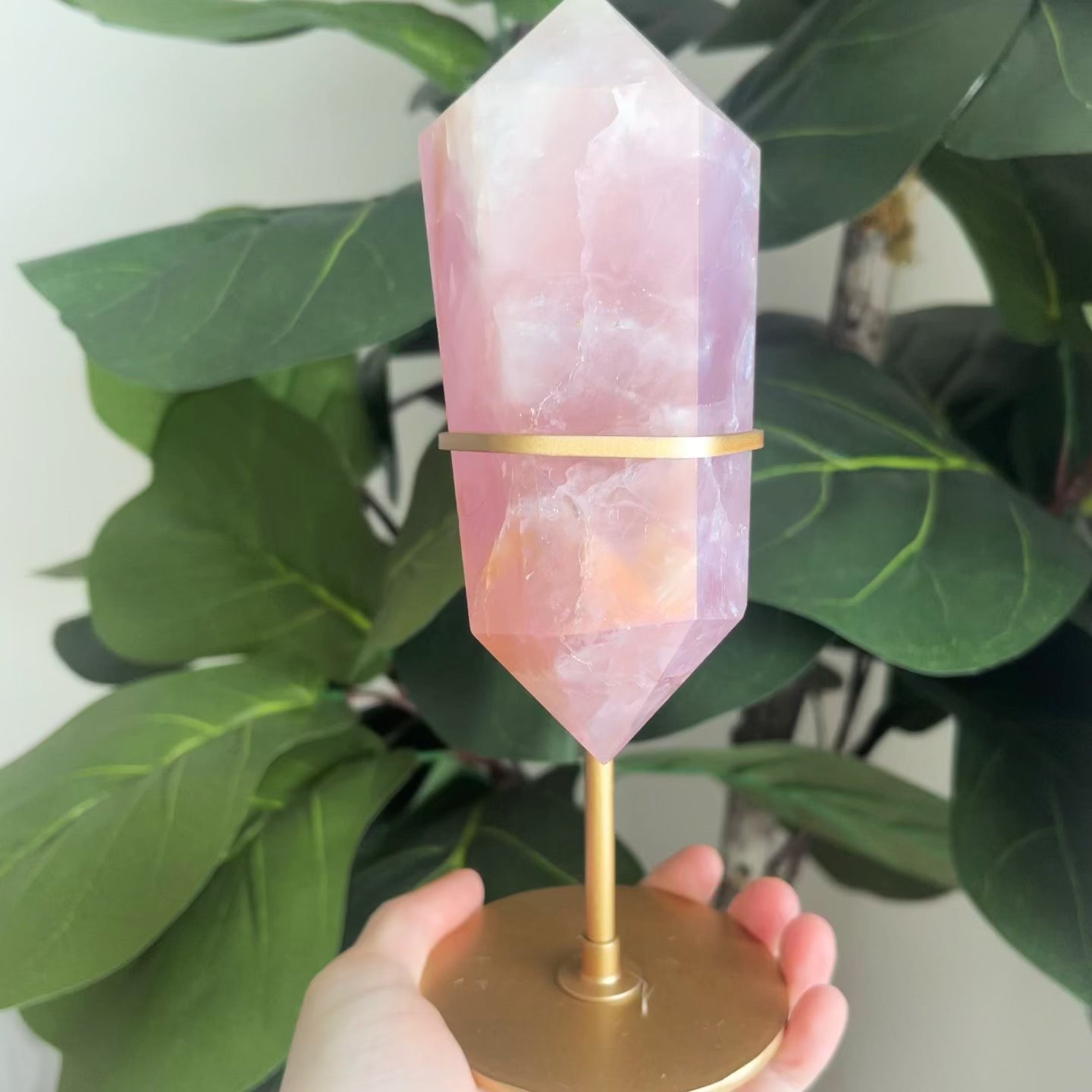 Double Terminated Aura Rose Quartz on Gold Stand