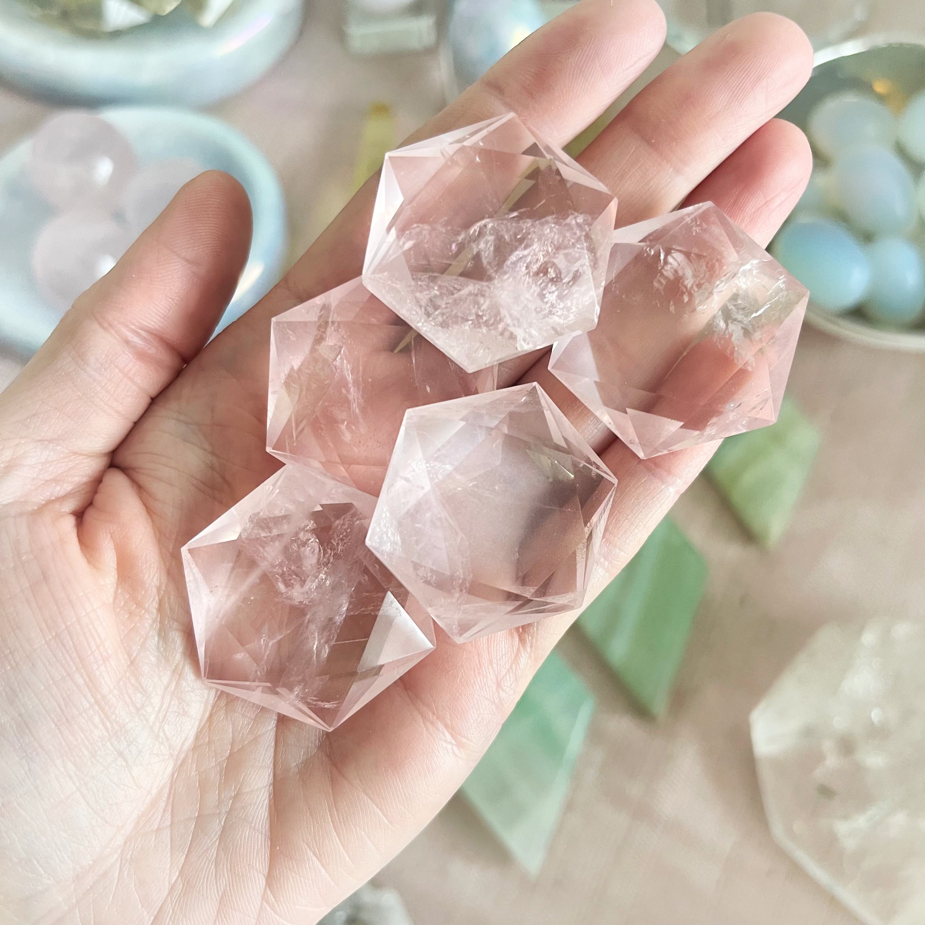 Icey Rose Quartz Hexagon Carving