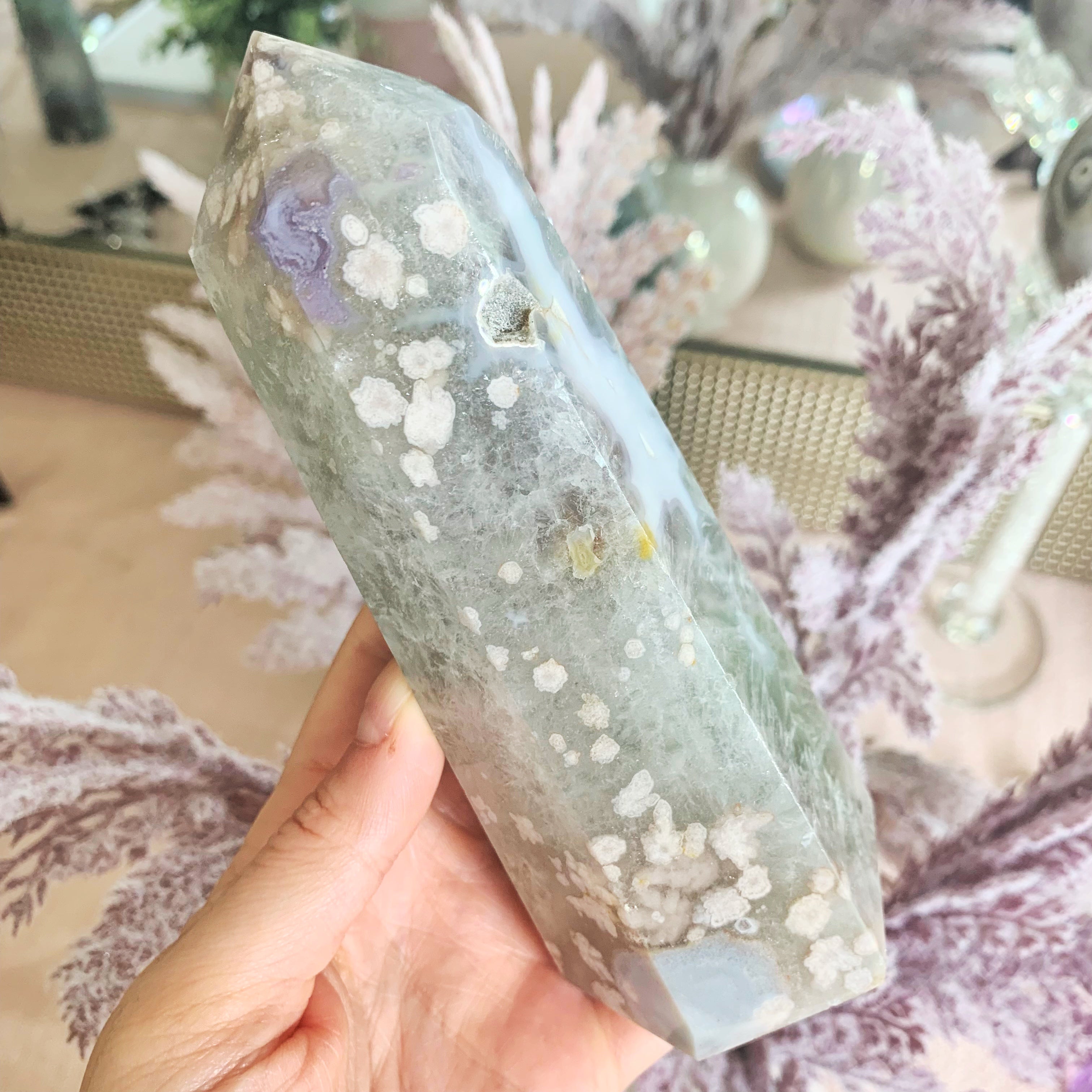 Green & Blue Flower Agate Tower